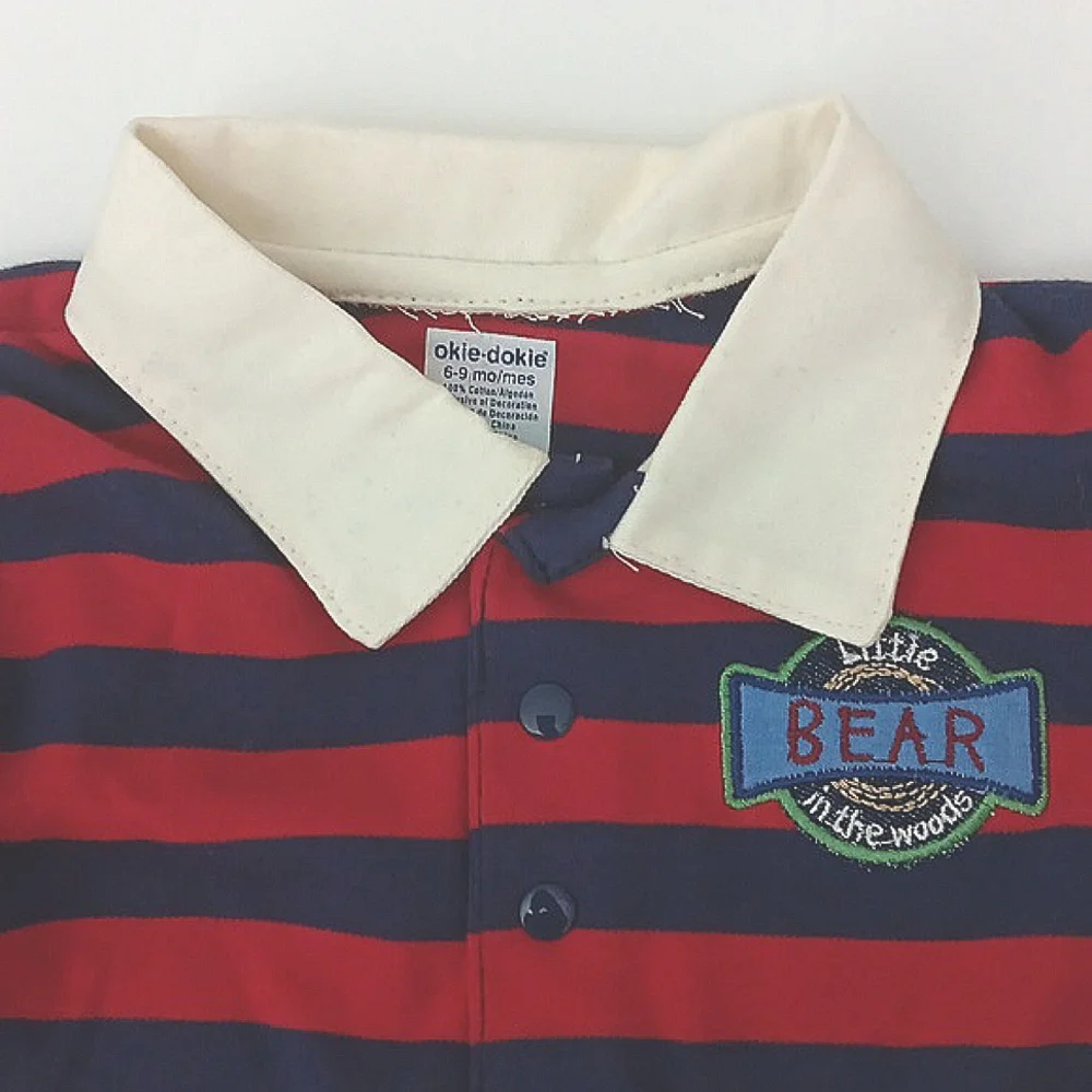 Okie Dokie Striped Red & Blue Boy Baby Outfit Size 6-9 Months Bear Patch 2 Piece - Picture 5 of 12